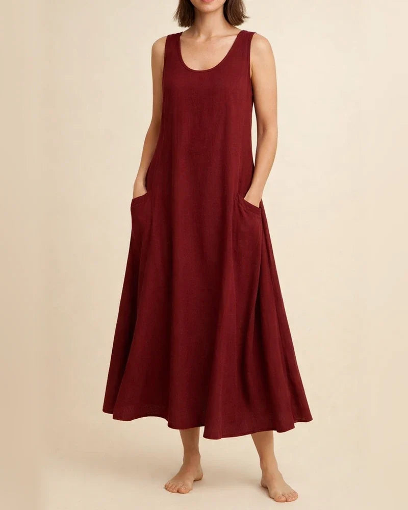 Women's Summer Round Neck Cotton Linen Dress Solid Color Sleeveless Dresses | JRSEE:9ac75e8d-c48d-499f-b556-1ed68bafce45