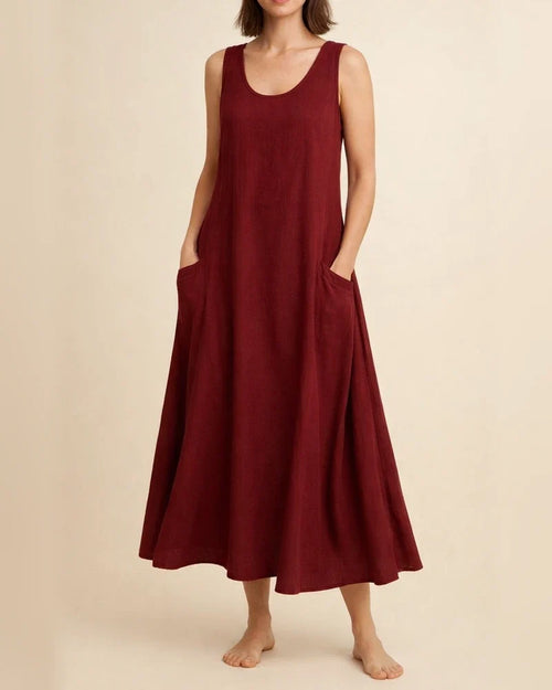 Women's Summer Round Neck Cotton Linen Dress Solid Color Sleeveless Dresses | JRSEE:9ac75e8d-c48d-499f-b556-1ed68bafce45