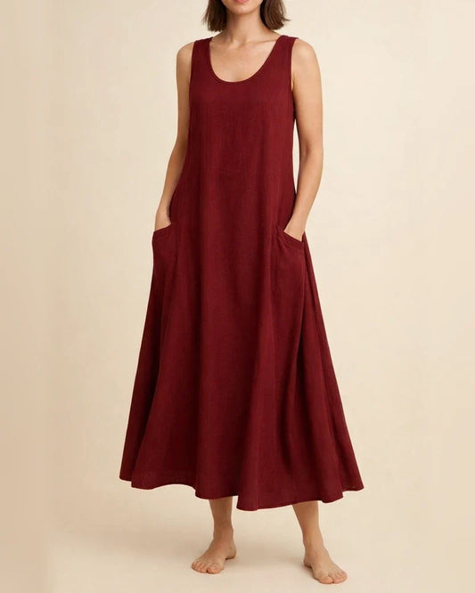 Women's Summer Round Neck Cotton Linen Dress Solid Color Sleeveless Dresses | JRSEE:9ac75e8d-c48d-499f-b556-1ed68bafce45