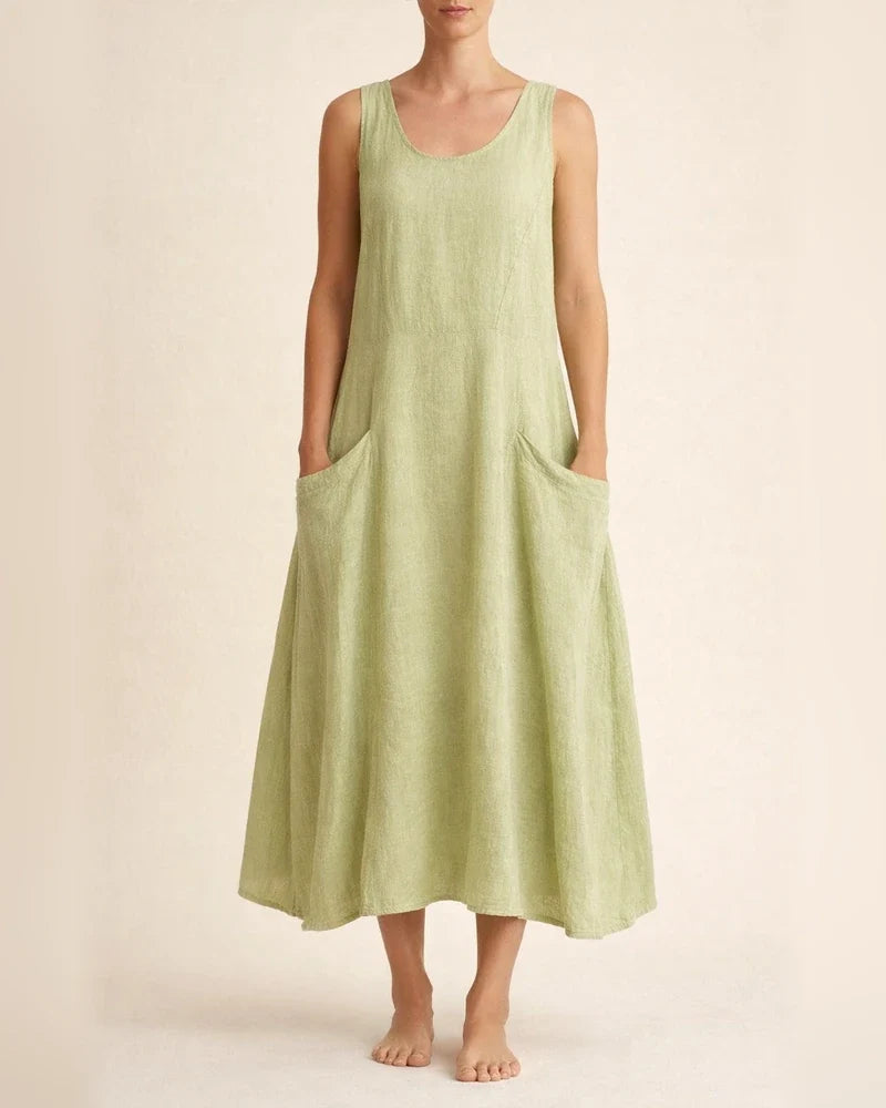 Women's Summer Round Neck Cotton Linen Dress Solid Color Sleeveless Dresses | JRSEE:fcf56148-40fb-4861-a135-a775e18ecd26
