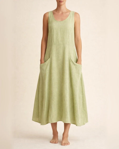 Women's Summer Round Neck Cotton Linen Dress Solid Color Sleeveless Dresses | JRSEE:fcf56148-40fb-4861-a135-a775e18ecd26