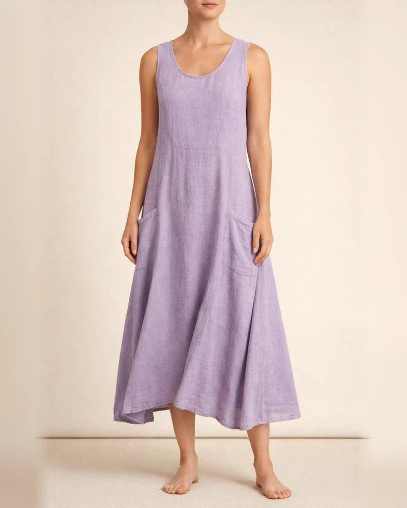 Women's Summer Round Neck Cotton Linen Dress Solid Color Sleeveless Dresses | JRSEE:a0342f4a-90e7-41dd-bc7f-99c8d80d39cf
