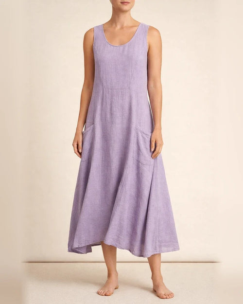 Women's Summer Round Neck Cotton Linen Dress Solid Color Sleeveless Dresses | JRSEE:a0342f4a-90e7-41dd-bc7f-99c8d80d39cf
