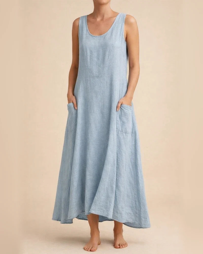 Women's Summer Round Neck Cotton Linen Dress Solid Color Sleeveless Dresses | JRSEE:c6c343d7-6c72-420c-a0fe-bb8b1575fe7e