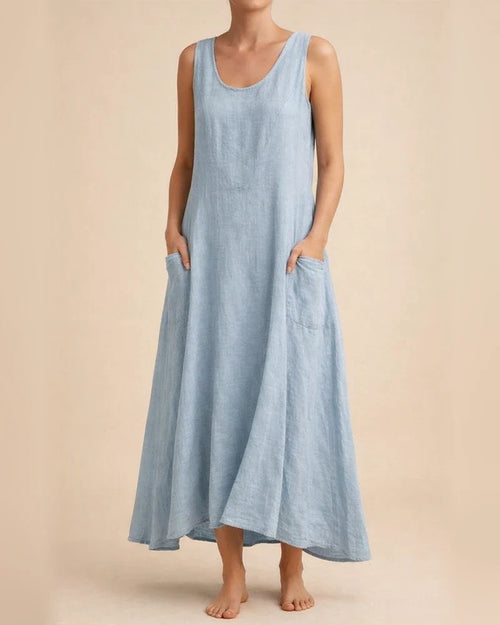 Women's Summer Round Neck Cotton Linen Dress Solid Color Sleeveless Dresses | JRSEE:c6c343d7-6c72-420c-a0fe-bb8b1575fe7e