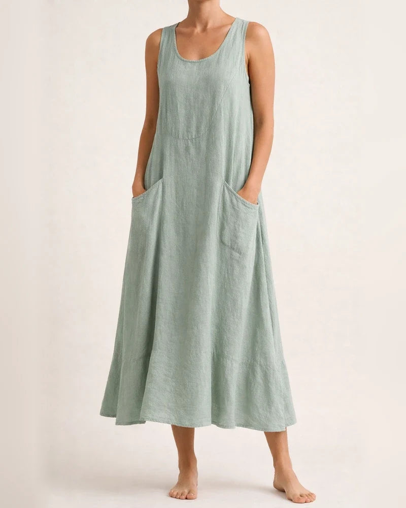Women's Summer Round Neck Cotton Linen Dress Solid Color Sleeveless Dresses | JRSEE:db2e56ec-8729-4ad0-b135-f40417e3d4ff