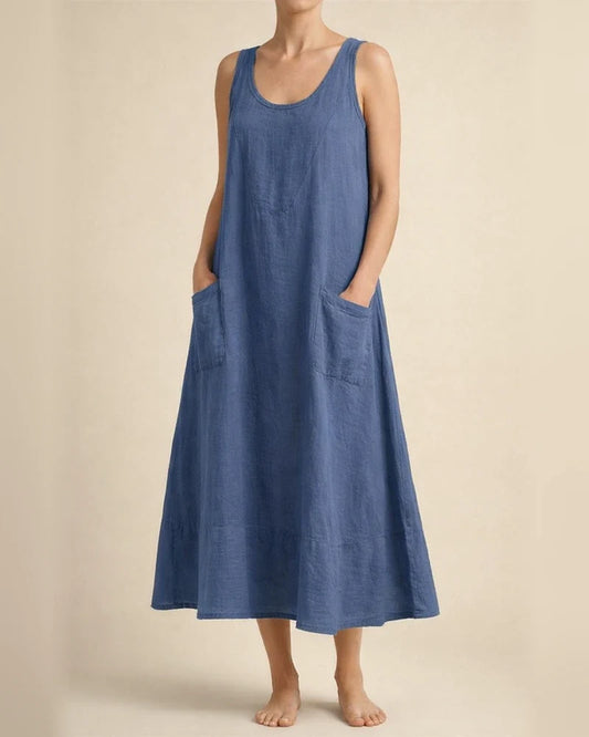 Women's Summer Round Neck Cotton Linen Dress Solid Color Sleeveless Dresses | JRSEE:0d6e76aa-26d4-49e8-84ee-e756fac9bc91