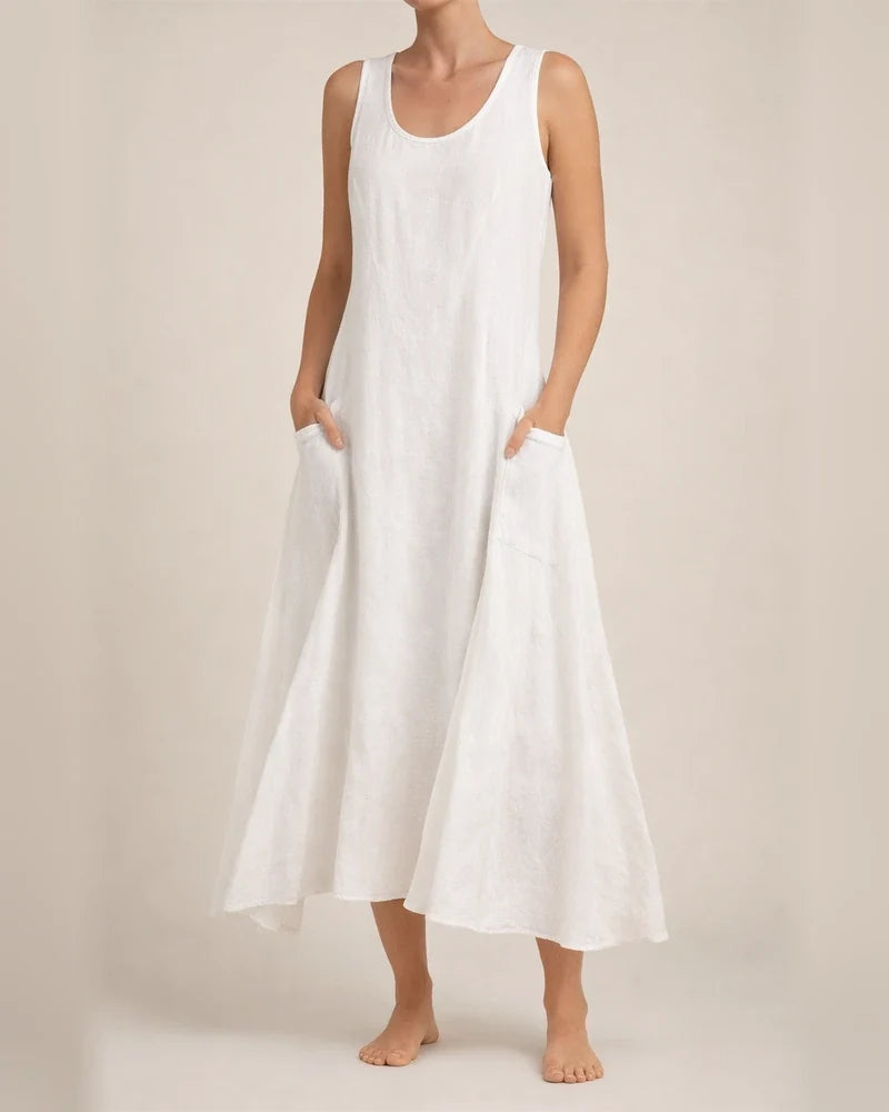 Women's Summer Round Neck Cotton Linen Dress Solid Color Sleeveless Dresses | JRSEE:a04bdba2-c27a-43b9-a196-8869b5a8b69c
