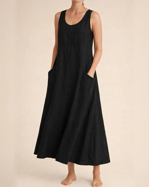 Women's Summer Round Neck Cotton Linen Dress Solid Color Sleeveless Dresses | JRSEE:3c3bd3b3-1347-4ec5-aeb0-4f38093dfaf7