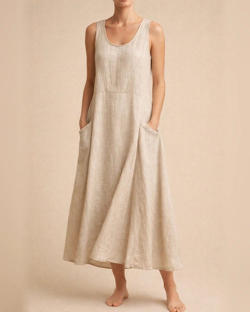 Women's Summer Round Neck Cotton Linen Dress Solid Color Sleeveless Dresses | JRSEE:46a7676e-a4ab-4c30-9476-c68d73ecdbde