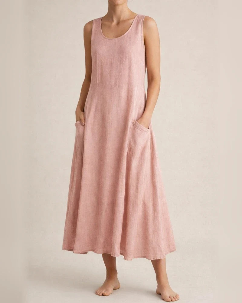 Women's Summer Round Neck Cotton Linen Dress Solid Color Sleeveless Dresses | JRSEE:8f73497f-1282-40ef-8fc8-7904e156bdc2