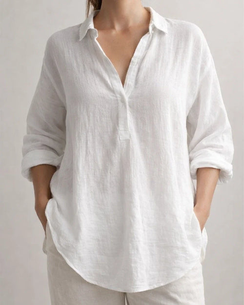 Women's Summer Solid Color Casual Loose Long-sleeved Linen V-neck Shirt | JRSEE:5935c1f2-0e3b-4f9a-921e-6297dc275fd6