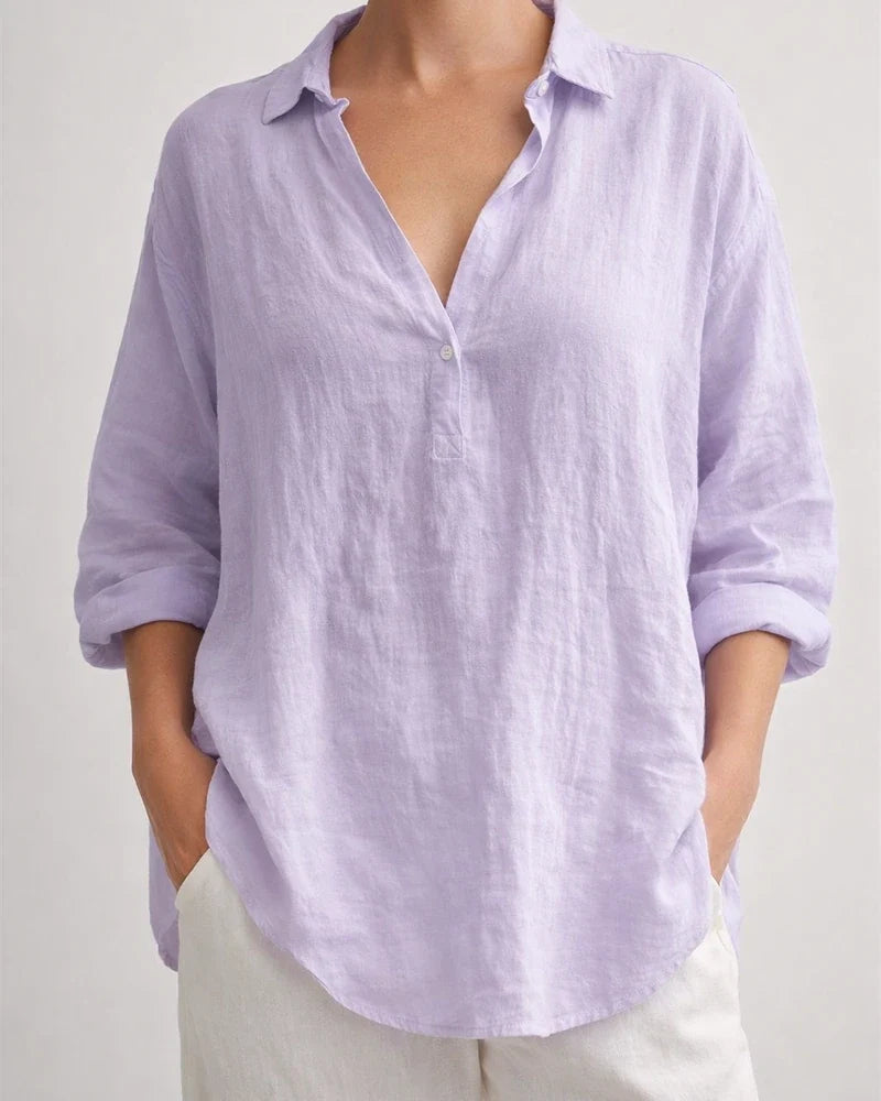 Women's Summer Solid Color Casual Loose Long-sleeved Linen V-neck Shirt | JRSEE:7642d8f8-8d61-4c0c-8264-2f44cc2ef8c2