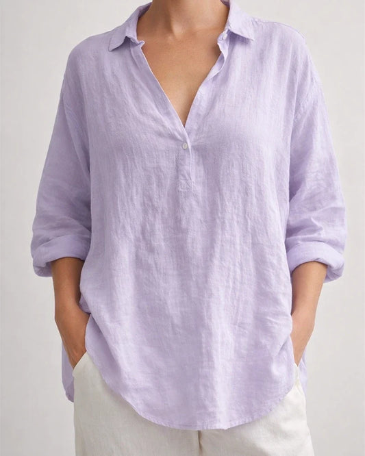 Women's Summer Solid Color Casual Loose Long-sleeved Linen V-neck Shirt | JRSEE:7642d8f8-8d61-4c0c-8264-2f44cc2ef8c2