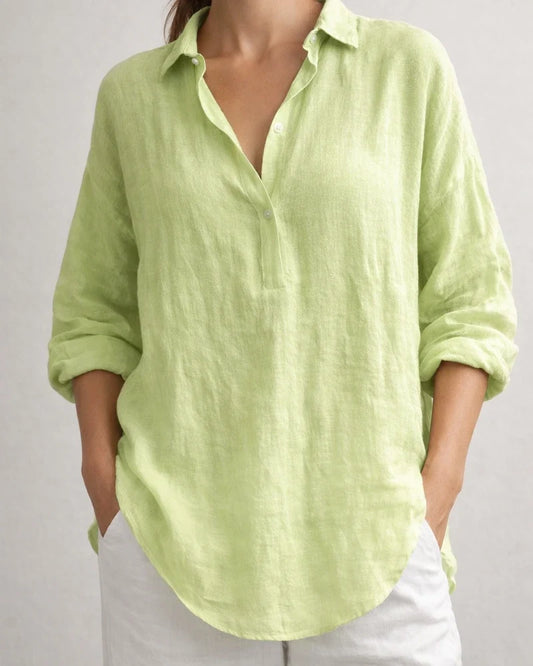 Women's Summer Solid Color Casual Loose Long-sleeved Linen V-neck Shirt | JRSEE:9e9e2b43-cabb-4dfb-a7e3-75720bfca827