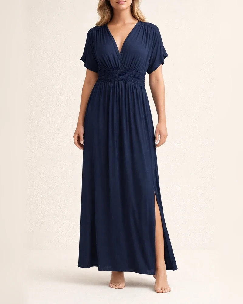 Women's Summer Solid Color V-neck Bat Sleeve Elastic Waist Thin Split Long Skirt | JRSEE:665dcb1b-2c00-4391-a37d-78dddc207b0b