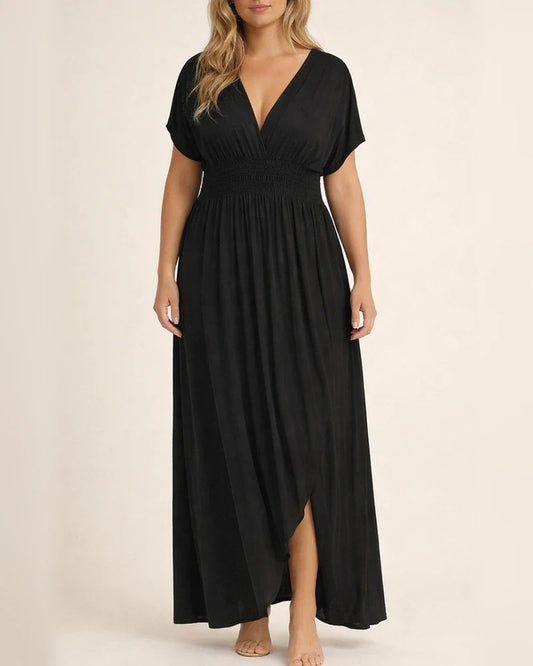 Women's Summer Solid Color V-neck Bat Sleeve Elastic Waist Thin Split Long Skirt | JRSEE:7a9b4ab2-58dc-42d7-ac03-02543f197736