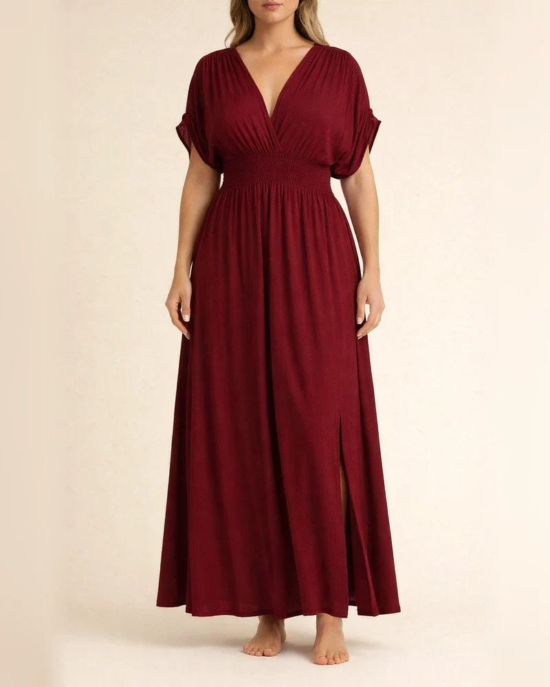 Women's Summer Solid Color V-neck Bat Sleeve Elastic Waist Thin Split Long Skirt | JRSEE:3f36ea31-7743-4e3a-858f-ef4b6c43f628