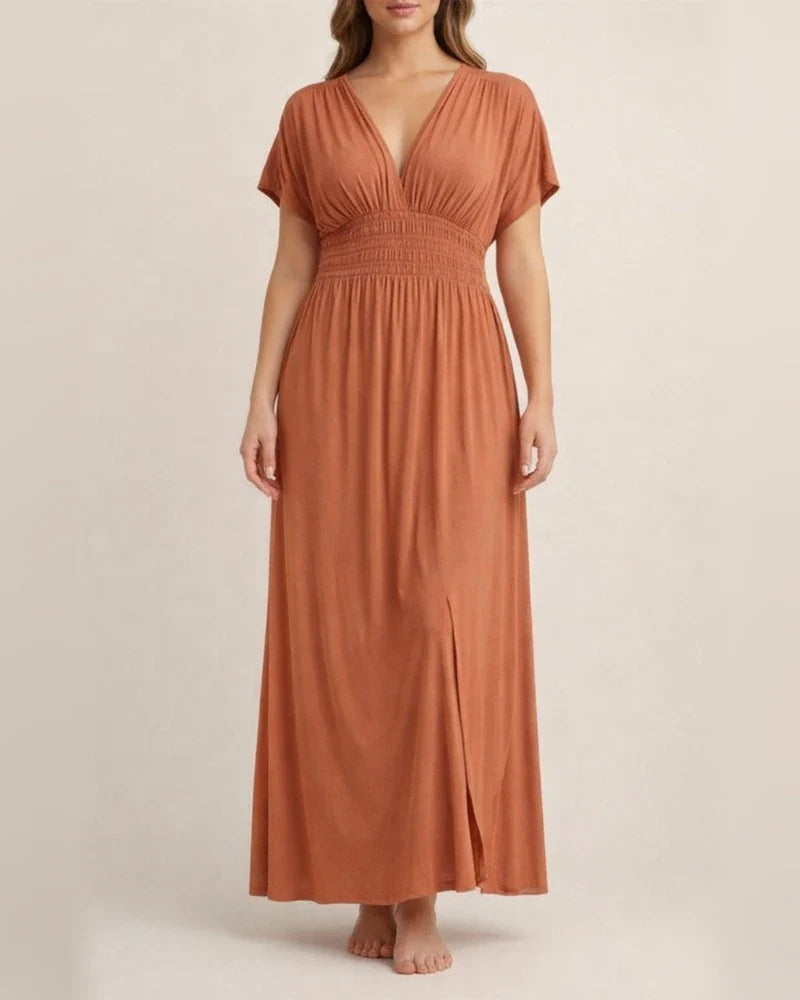 Women's Summer Solid Color V-neck Bat Sleeve Elastic Waist Thin Split Long Skirt | JRSEE:2b9fd573-177f-4acc-8455-8cb5dc3f5e25