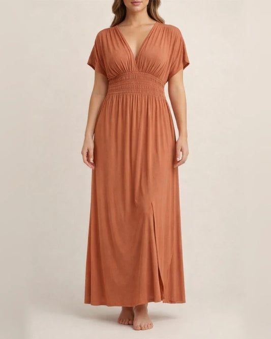 Women's Summer Solid Color V-neck Bat Sleeve Elastic Waist Thin Split Long Skirt | JRSEE:2b9fd573-177f-4acc-8455-8cb5dc3f5e25