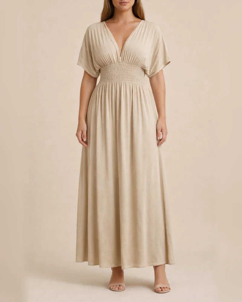 Women's Summer Solid Color V-neck Bat Sleeve Elastic Waist Thin Split Long Skirt | JRSEE:3ece8258-c7d4-4713-acf7-a2c4b6571446