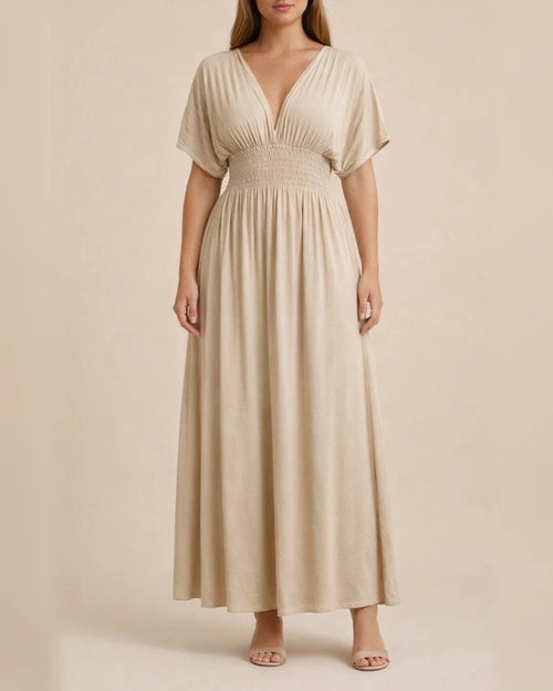 Women's Summer Solid Color V-neck Bat Sleeve Elastic Waist Thin Split Long Skirt | JRSEE:3ece8258-c7d4-4713-acf7-a2c4b6571446