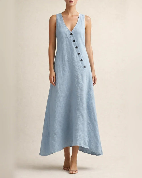 Women's Summer V-neck Button-down Cotton-Linen Long Dress, Sleeveless Off-the-Shoulder Maxi Dress | JRSEE:70265737-f93f-44e7-96f1-172aba561a45
