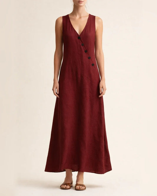 Women's Summer V-neck Button-down Cotton-Linen Long Dress, Sleeveless Off-the-Shoulder Maxi Dress | JRSEE:57286a6a-23a0-45e6-83ac-2ec9dcc7a8f1