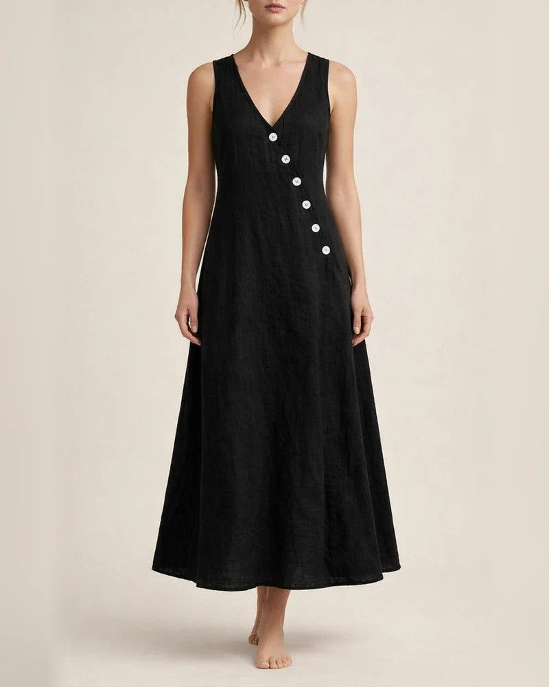 Women's Summer V-neck Button-down Cotton-Linen Long Dress, Sleeveless Off-the-Shoulder Maxi Dress | JRSEE:237e7723-a67e-452b-966f-f2b5f70452ff
