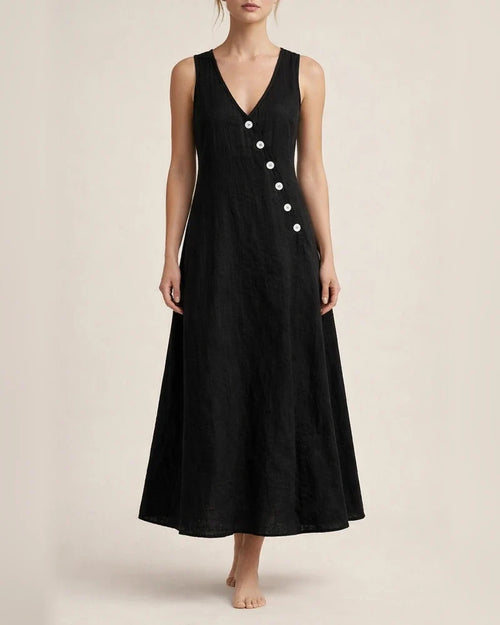Women's Summer V-neck Button-down Cotton-Linen Long Dress, Sleeveless Off-the-Shoulder Maxi Dress | JRSEE:237e7723-a67e-452b-966f-f2b5f70452ff