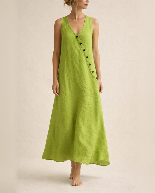 Women's Summer V-neck Button-down Cotton-Linen Long Dress, Sleeveless Off-the-Shoulder Maxi Dress | JRSEE:61f2217b-47e0-4b05-a33c-2ce305208fc3