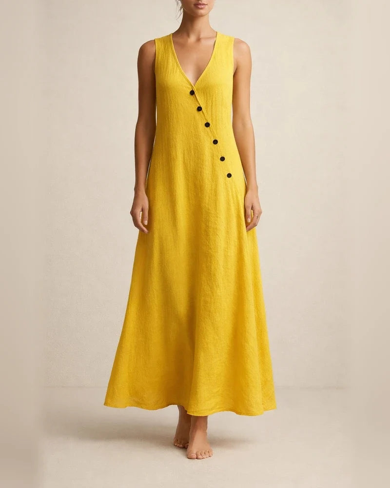 Women's Summer V-neck Button-down Cotton-Linen Long Dress, Sleeveless Off-the-Shoulder Maxi Dress | JRSEE:7ea9755a-aa23-4603-a391-54678c84a55e