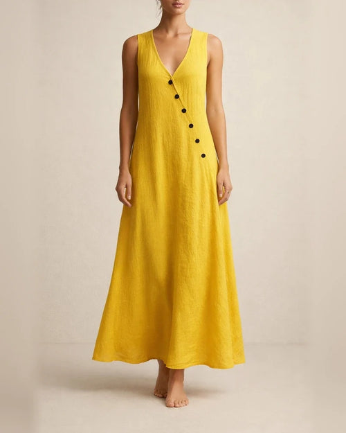 Women's Summer V-neck Button-down Cotton-Linen Long Dress, Sleeveless Off-the-Shoulder Maxi Dress | JRSEE:7ea9755a-aa23-4603-a391-54678c84a55e