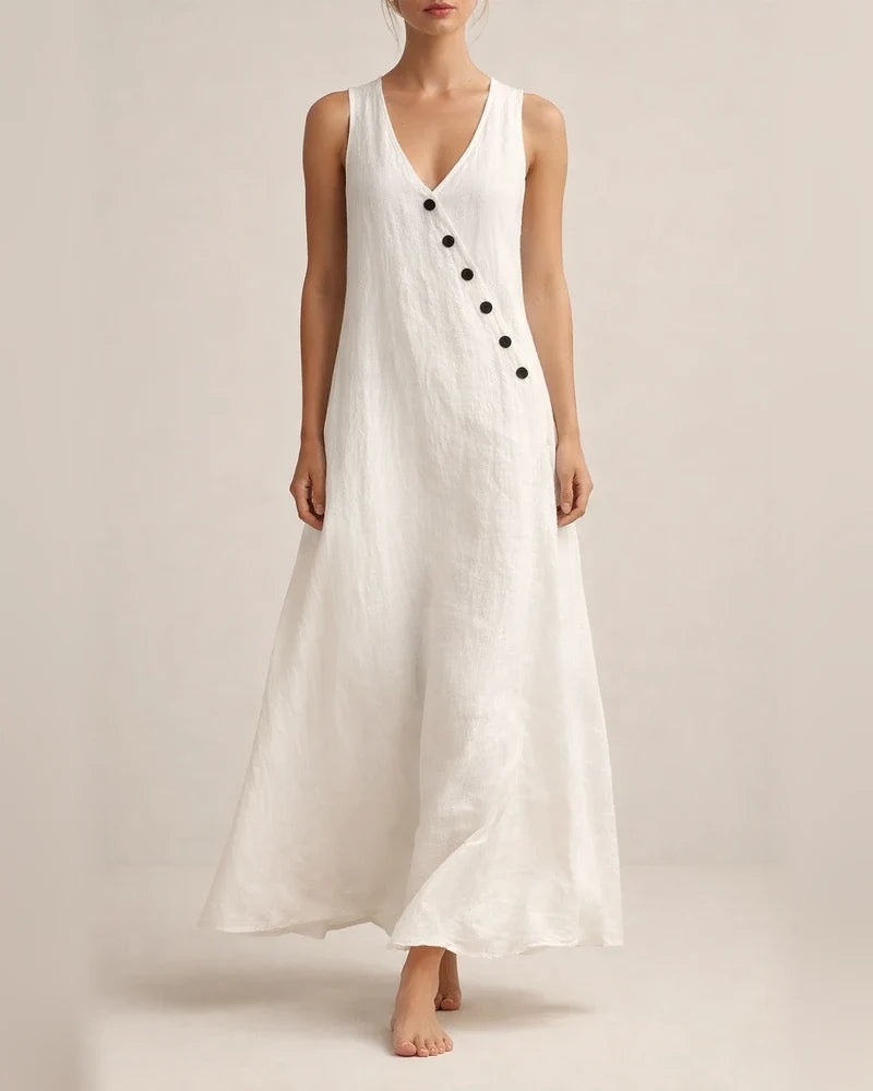 Women's Summer V-neck Button-down Cotton-Linen Long Dress, Sleeveless Off-the-Shoulder Maxi Dress | JRSEE:553f2e6c-b3f4-4c13-8bed-a84753322d2c