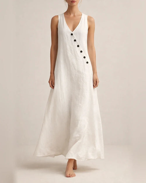 Women's Summer V-neck Button-down Cotton-Linen Long Dress, Sleeveless Off-the-Shoulder Maxi Dress | JRSEE:553f2e6c-b3f4-4c13-8bed-a84753322d2c