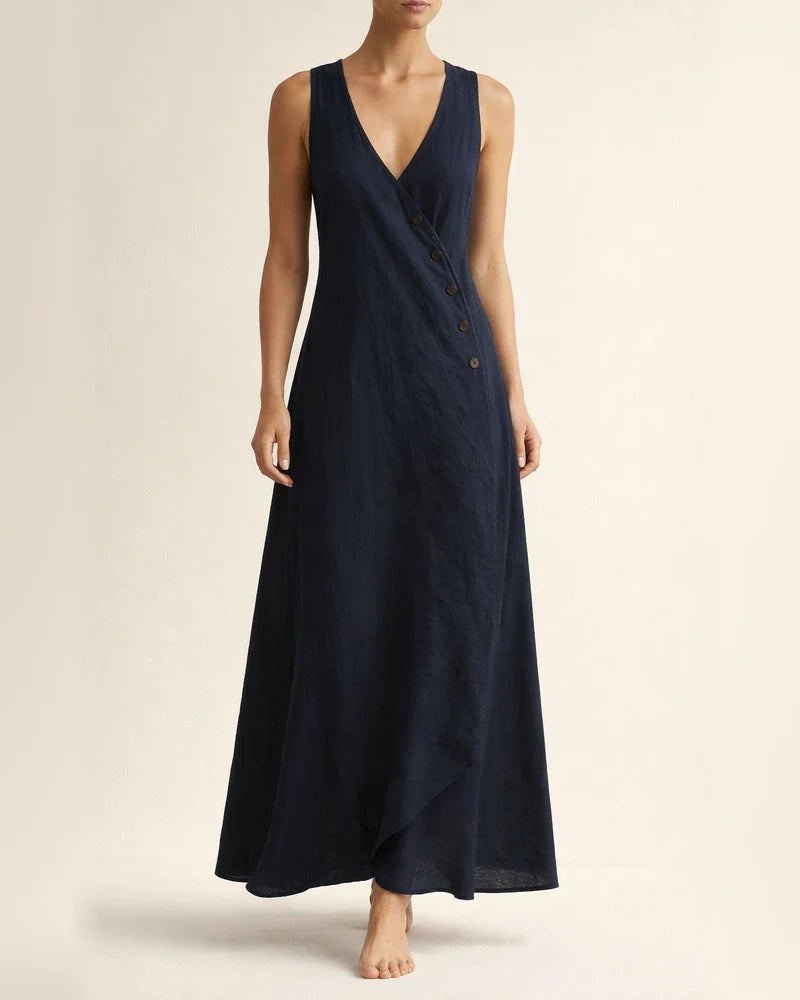 Women's Summer V-neck Button-down Cotton-Linen Long Dress, Sleeveless Off-the-Shoulder Maxi Dress | JRSEE:e97c0be5-3cd1-438f-8f5b-769e3b5db8f2