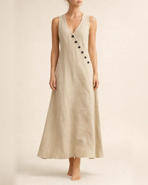 Women's Summer V-neck Button-down Cotton-Linen Long Dress, Sleeveless Off-the-Shoulder Maxi Dress | JRSEE:71841434-3ede-4bb0-8b96-f0ef168fc961