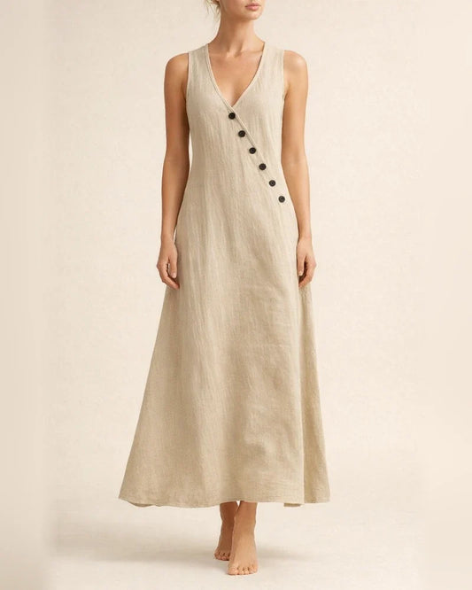 Women's Summer V-neck Button-down Cotton-Linen Long Dress, Sleeveless Off-the-Shoulder Maxi Dress | JRSEE:71841434-3ede-4bb0-8b96-f0ef168fc961