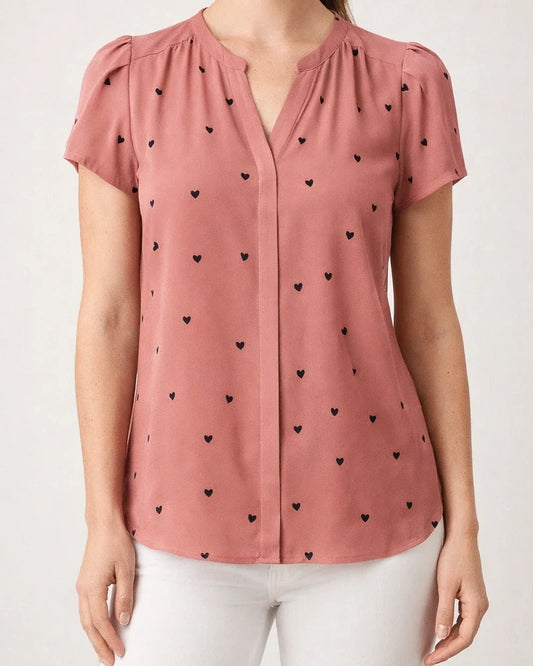Women's Summer V-neck Heart-Patterned Petal-Sleeve Printed Shirt | JRSEE:b424b850-e874-41ac-84d8-164a5e11c844