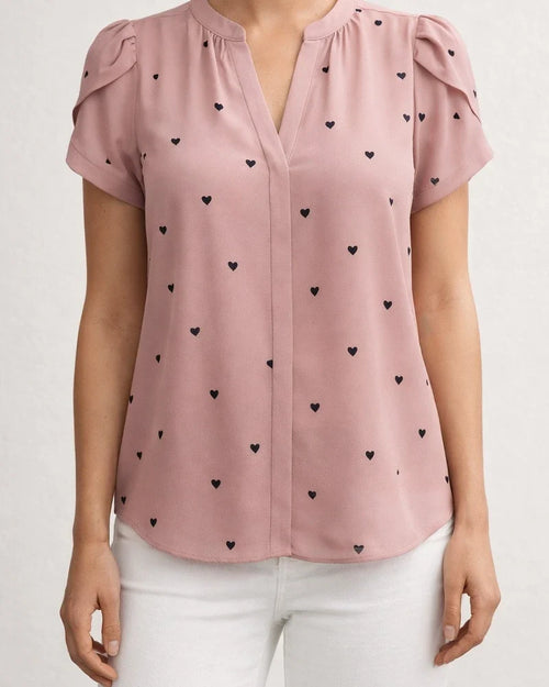 Women's Summer V-neck Heart-Patterned Petal-Sleeve Printed Shirt | JRSEE:68d62b33-b2bf-409d-b959-76cfc7fd3efd
