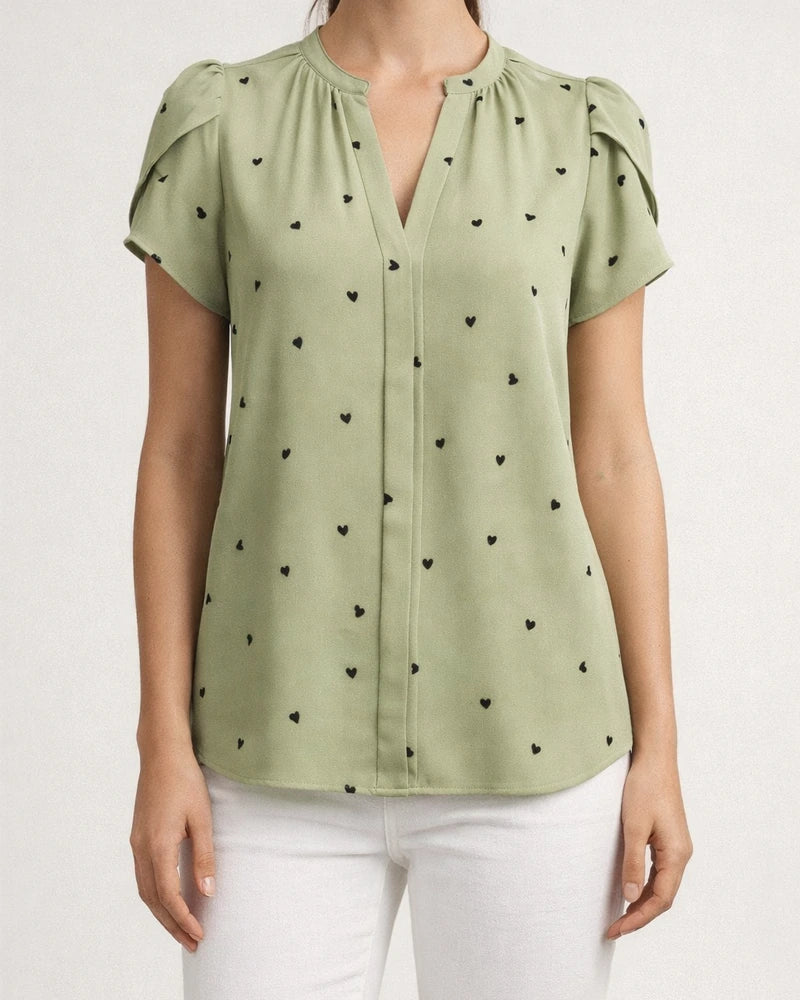 Women's Summer V-neck Heart-Patterned Petal-Sleeve Printed Shirt | JRSEE:0433497a-996a-48c9-81a6-57349a286e24