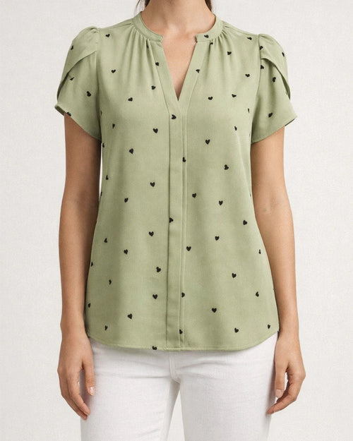 Women's Summer V-neck Heart-Patterned Petal-Sleeve Printed Shirt | JRSEE:0433497a-996a-48c9-81a6-57349a286e24
