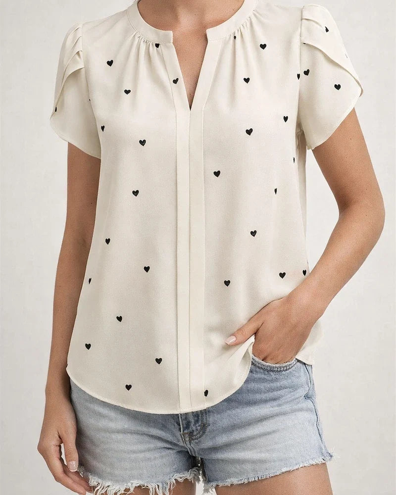 Women's Summer V-neck Heart-Patterned Petal-Sleeve Printed Shirt | JRSEE:31f93238-e85f-438b-ba69-8cddbbfa9660