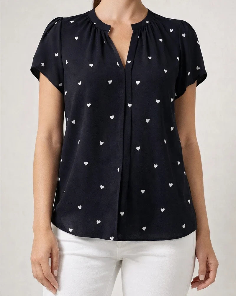 Women's Summer V-neck Heart-Patterned Petal-Sleeve Printed Shirt | JRSEE:7326db7b-6bd7-434e-ba2a-268195d4dd34