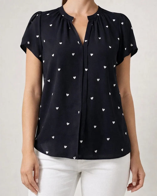 Women's Summer V-neck Heart-Patterned Petal-Sleeve Printed Shirt | JRSEE:7326db7b-6bd7-434e-ba2a-268195d4dd34