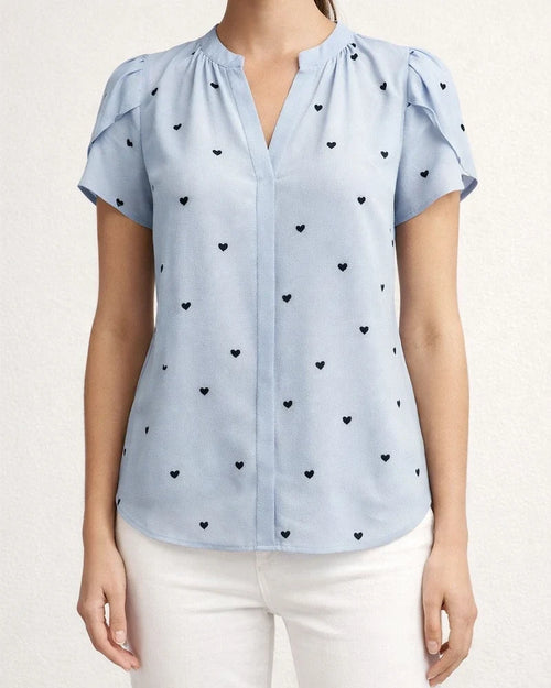 Women's Summer V-neck Heart-Patterned Petal-Sleeve Printed Shirt | JRSEE:a7a7e115-4a99-4b1d-bc4d-571120e28282