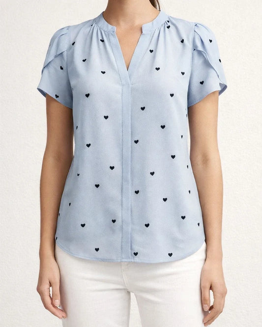 Women's Summer V-neck Heart-Patterned Petal-Sleeve Printed Shirt | JRSEE:a7a7e115-4a99-4b1d-bc4d-571120e28282