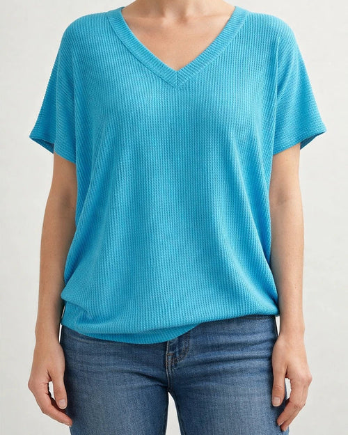 Women's Summer V-neck Ribbed T-shirt Casual Loose-fit Short-sleeve Top | JRSEE:28729629-c6c2-44dc-ade1-bf4bc25fd9d3