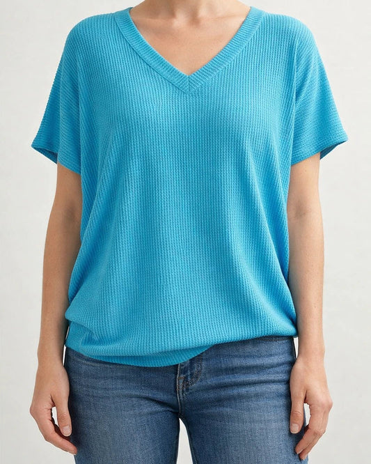 Women's Summer V-neck Ribbed T-shirt Casual Loose-fit Short-sleeve Top | JRSEE:28729629-c6c2-44dc-ade1-bf4bc25fd9d3