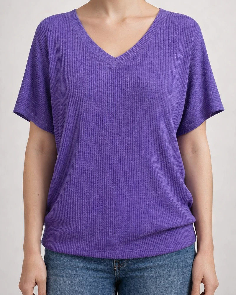 Women's Summer V-neck Ribbed T-shirt Casual Loose-fit Short-sleeve Top | JRSEE:1d24d565-18a9-4161-80e2-607912606d66